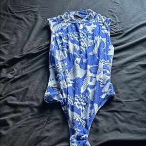 Blue and White Sleeveless Bodysuit